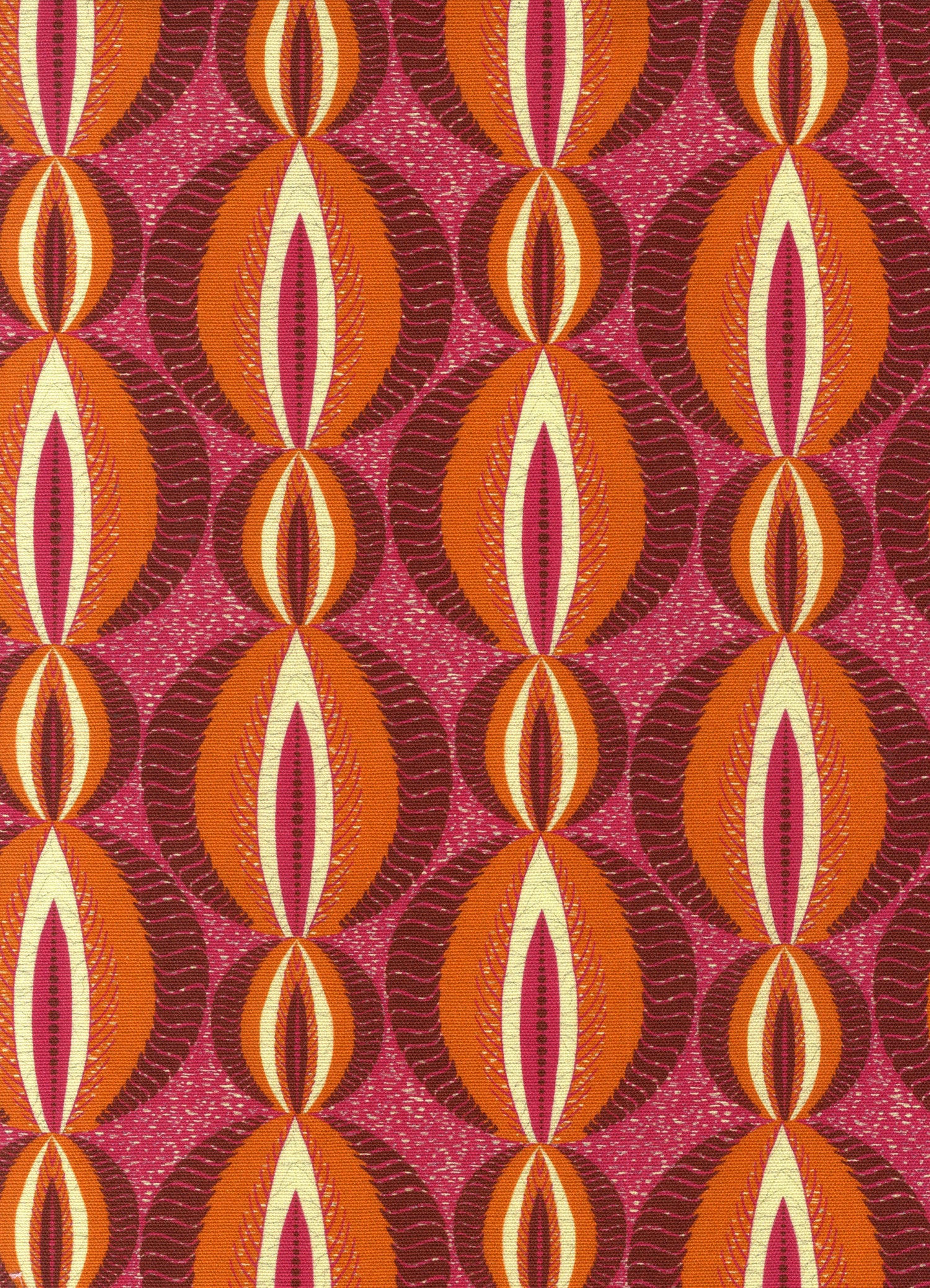 Detail of fabric in an interlocking circular stripe print in shades of pink, orange and purple on a pink field.