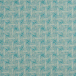 Detail of fabric in a geometric grid pattern in turquoise on a cream field.