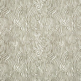 Detail of fabric in a playful animal print in light brown on a white field.