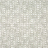 Detail of fabric in a playful curvy grid print in greige on a white field.