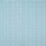 Detail of fabric in a playful curvy grid print in blue on a white field.