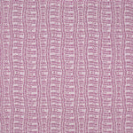 Detail of fabric in a playful curvy grid print in purple on a white field.