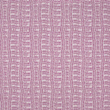 Detail of fabric in a playful curvy grid print in purple on a white field.