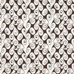 Detail of fabric in a playful abstract shape print in white on a dark brown field.