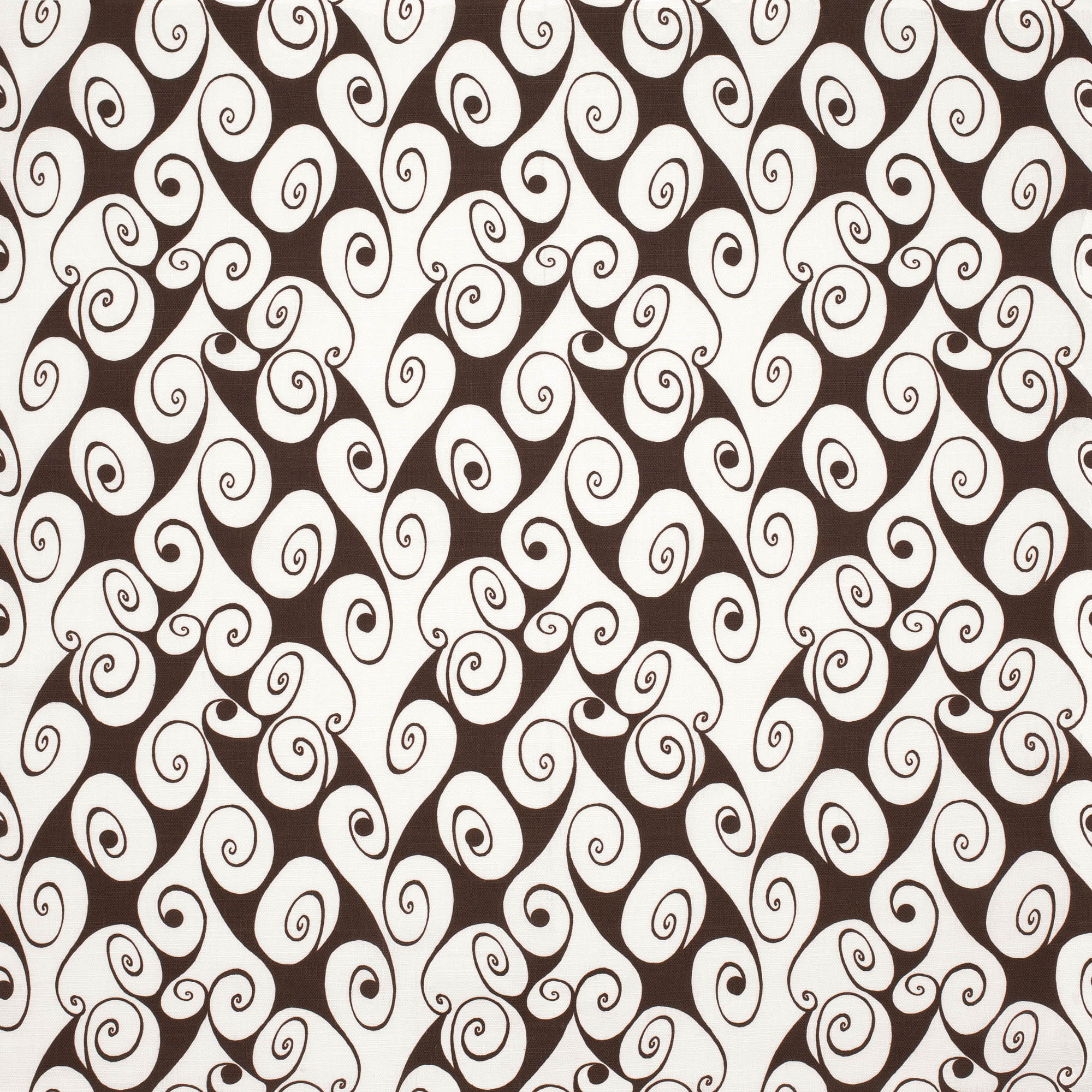 Detail of fabric in a playful abstract shape print in white on a dark brown field.