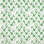 Detail of fabric in a playful abstract shape print in white on a light green field.