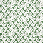 Detail of fabric in a playful abstract shape print in white on a green field.