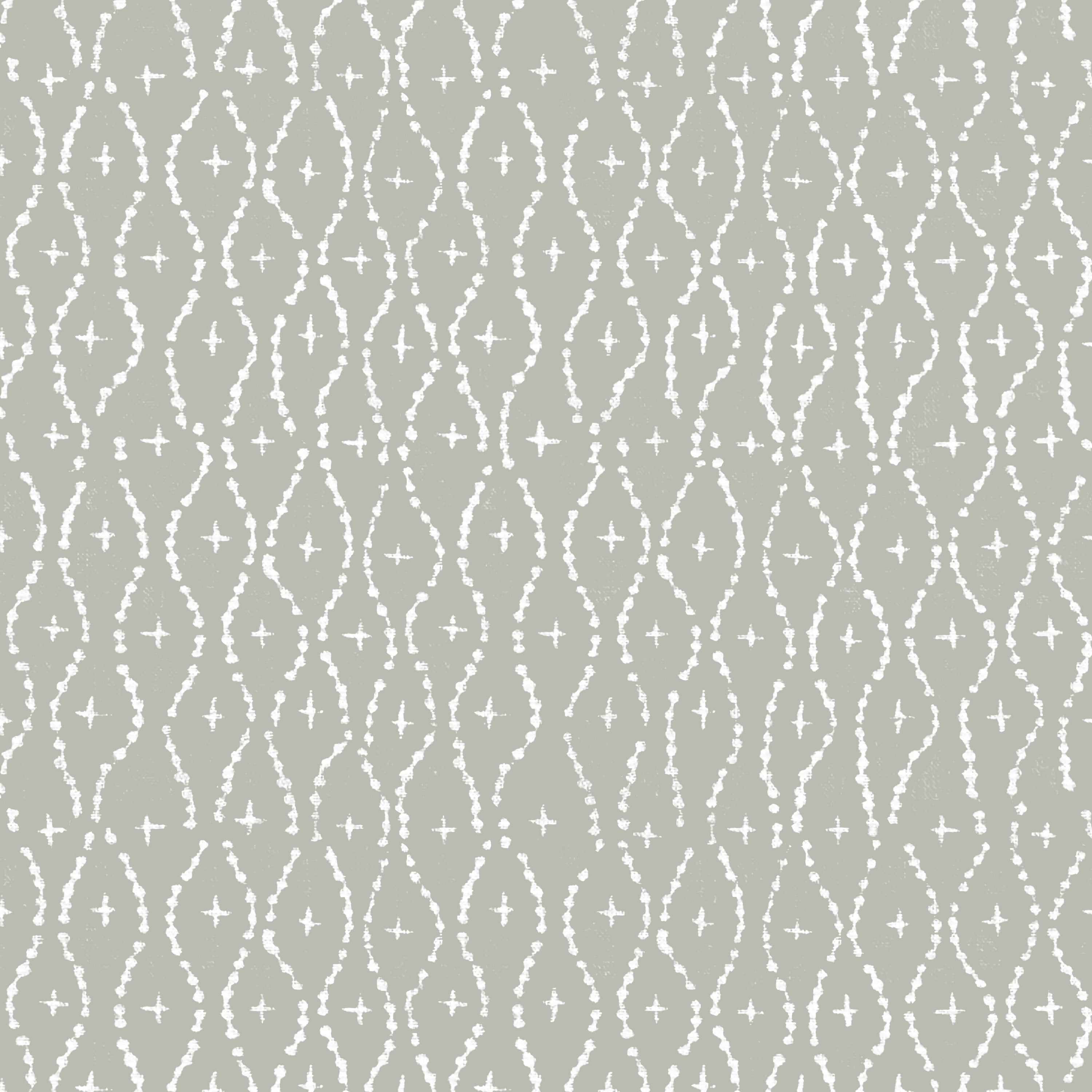 Detail of wallpaper in a painterly lattice print in white on a sage field.