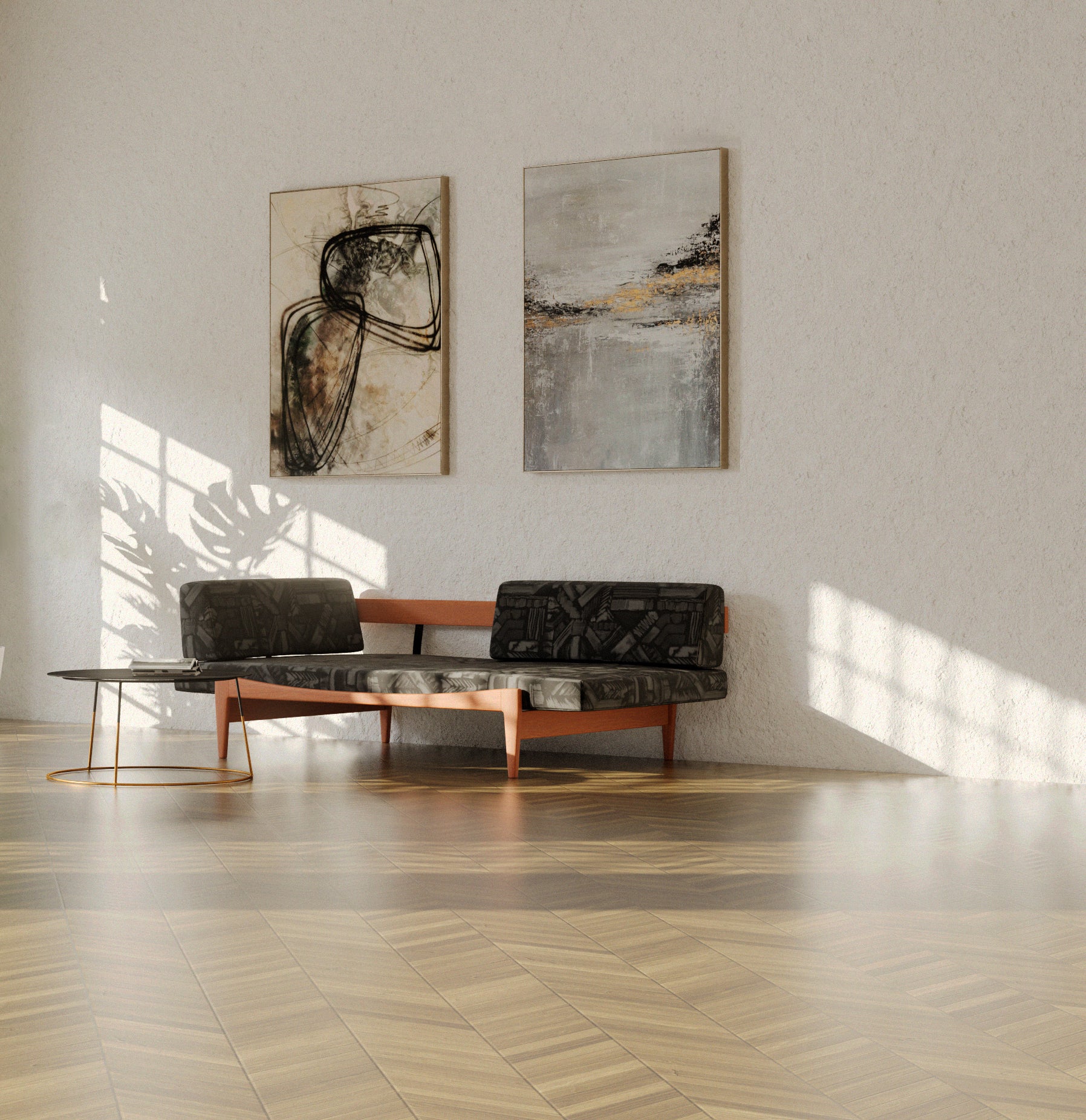 A minimalist living space with a couch upholstered in a geometric pattern in black and gray.