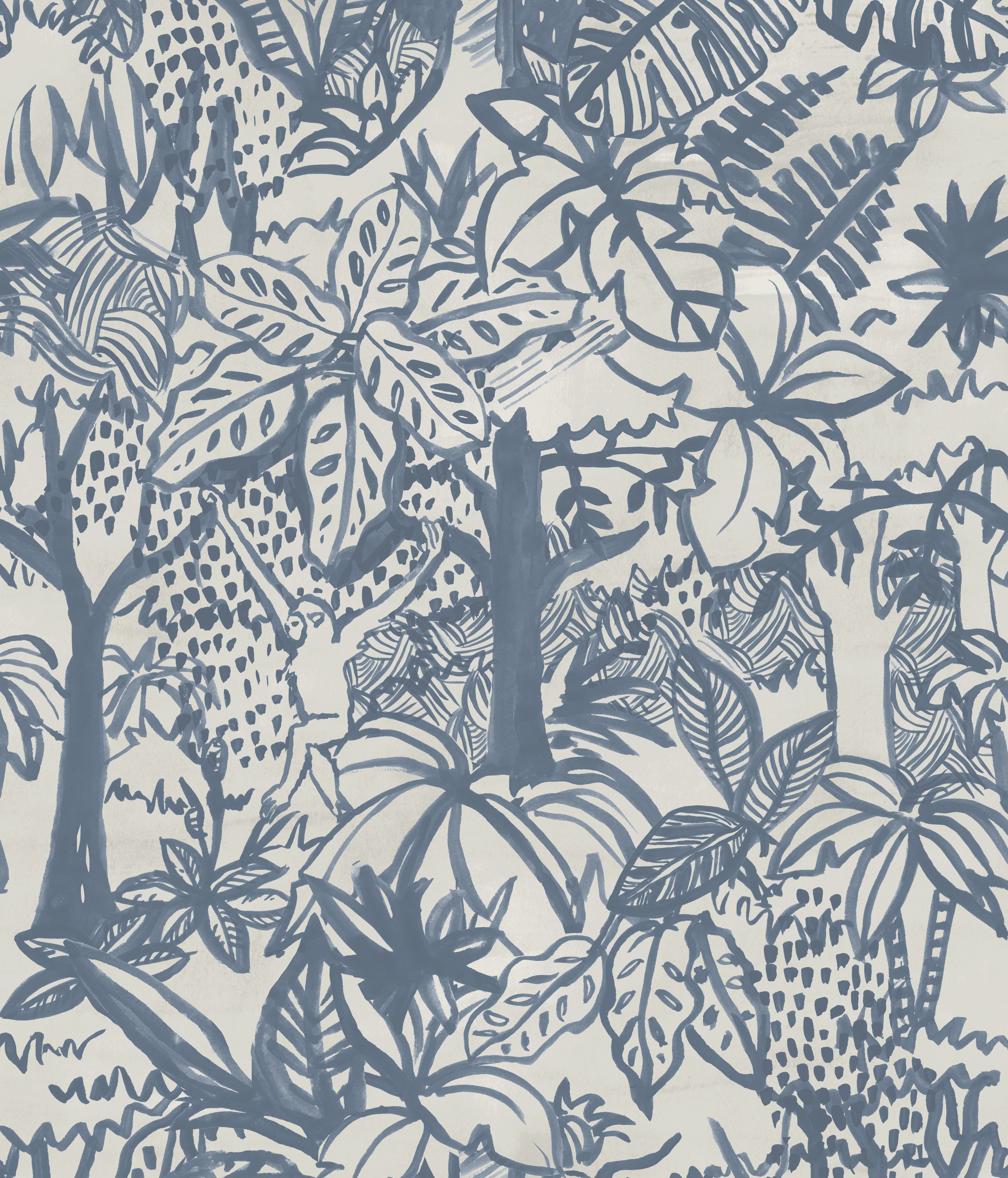 Detail of wallpaper in a playful jungle print in blue on a cream field.