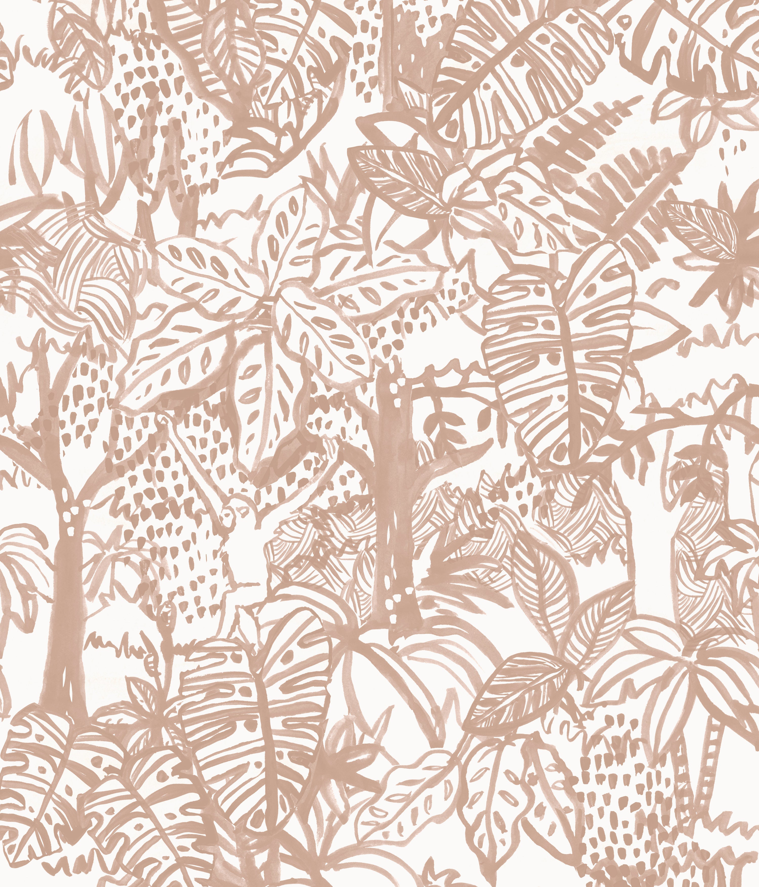 Detail of wallpaper in a playful jungle print in blush on a cream field.