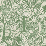 Detail of wallpaper in a playful jungle print in green on a cream field.