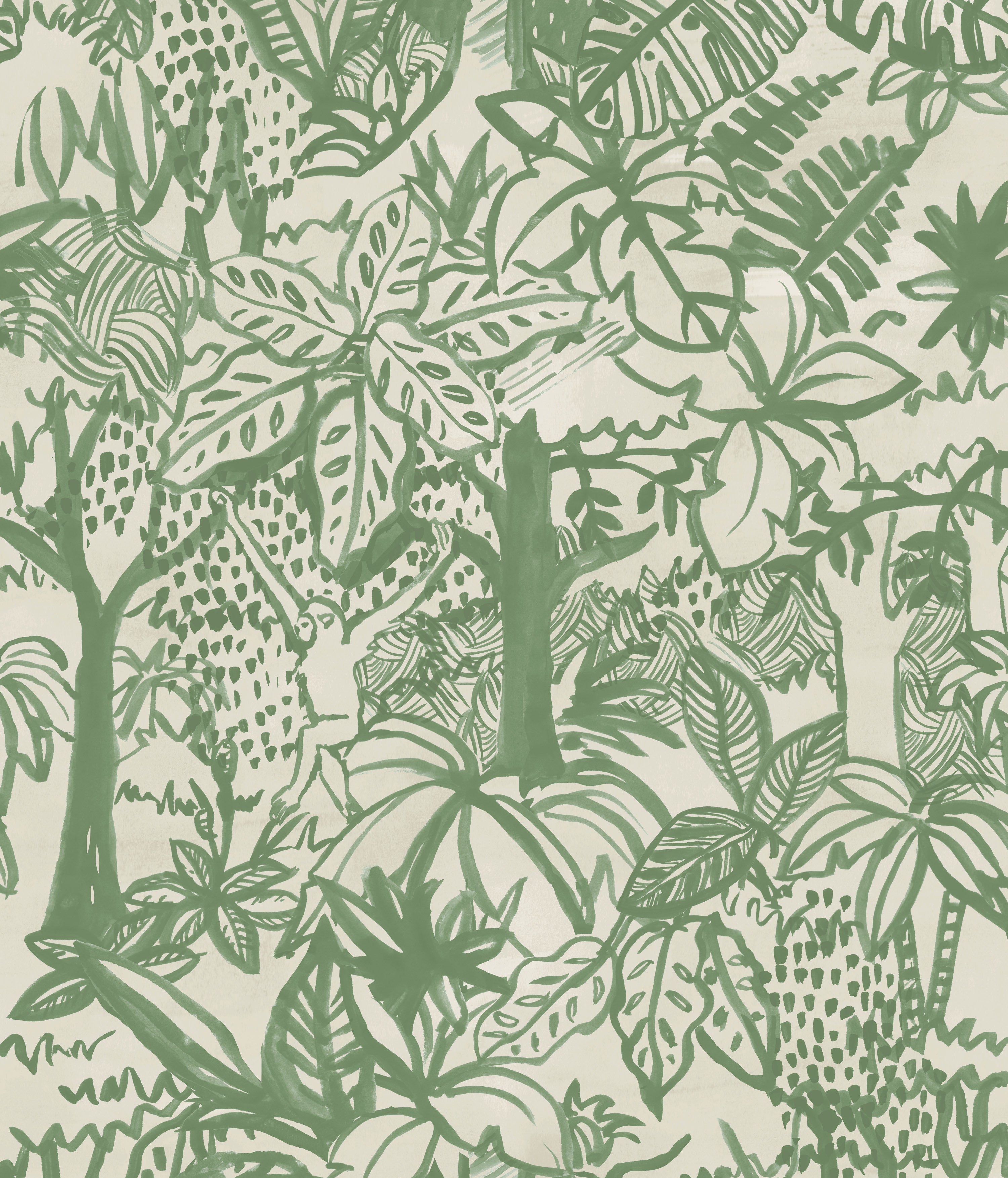 Detail of wallpaper in a playful jungle print in green on a cream field.