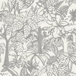 Detail of wallpaper in a playful jungle print in gray on a cream field.