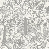 Detail of wallpaper in a playful jungle print in gray on a cream field.