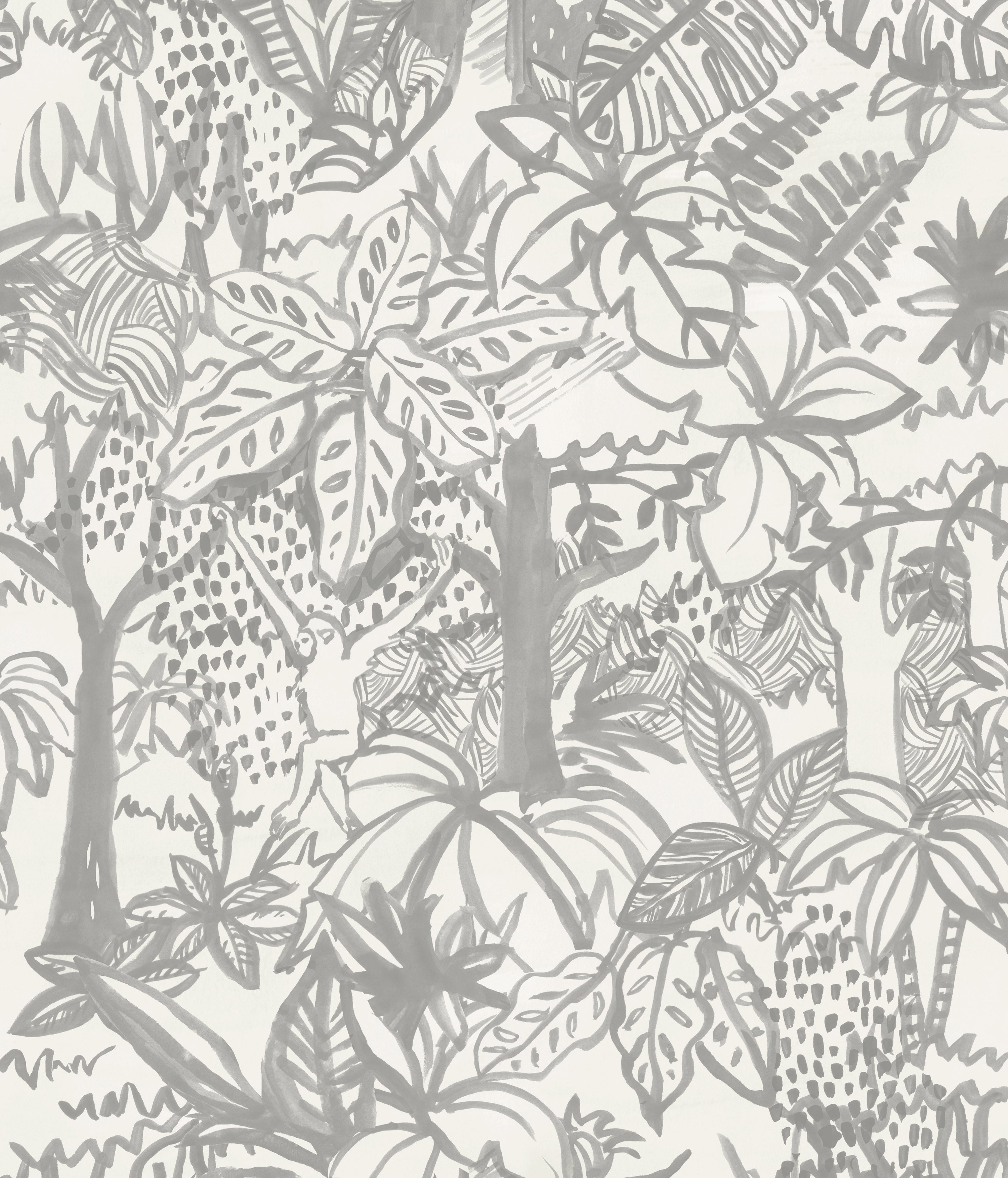 Detail of wallpaper in a playful jungle print in gray on a cream field.