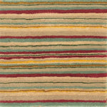 Handknotted rug sample in thin stripes of red, green , yellow and beige.