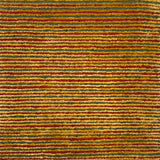 Handknotted rug in thin stripes of red, green and yellow. 