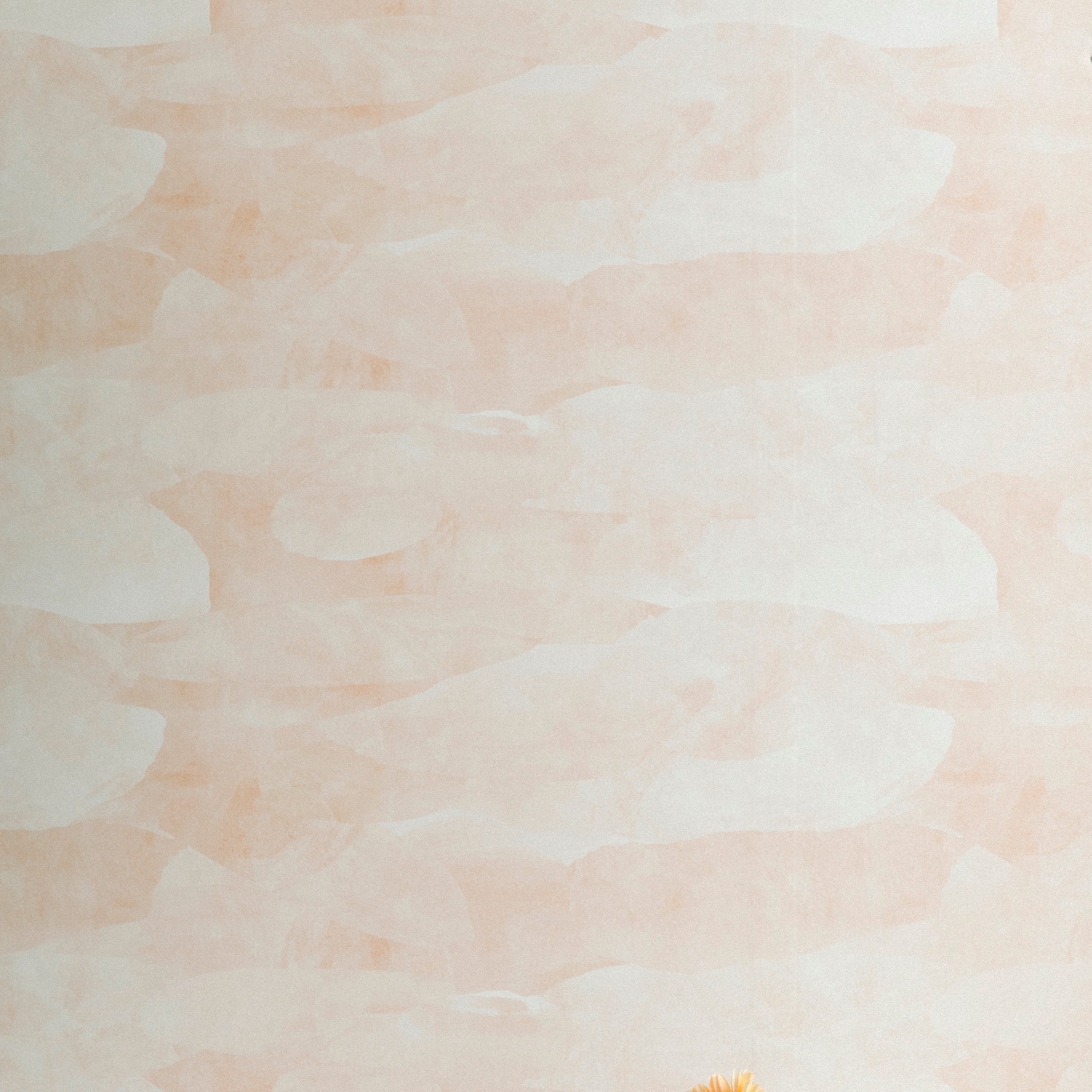 A flower lays in front of a wall papered in an abstract textural pattern in shades of white and pink.