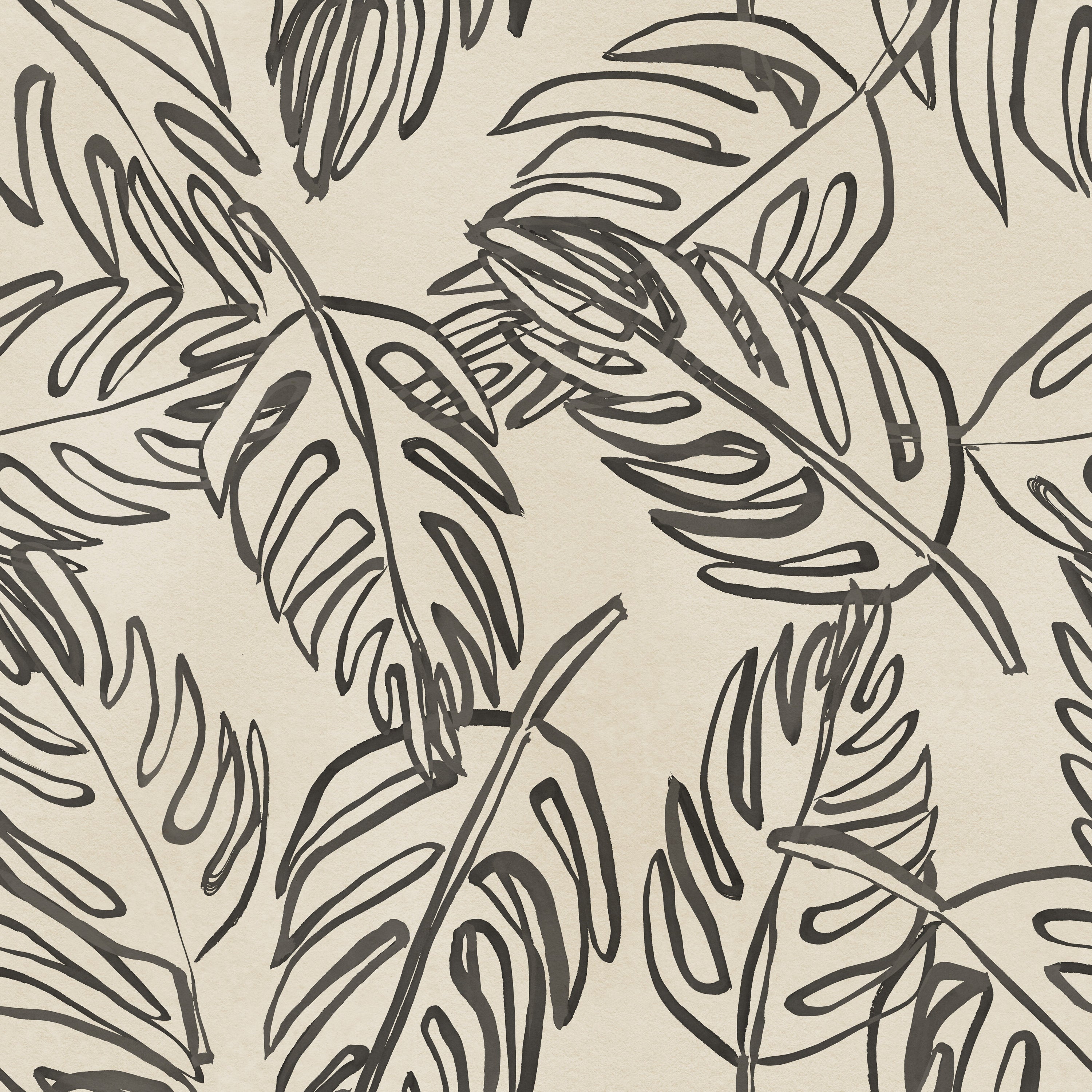 Detail of wallpaper in a painterly leaf print in charcoal on a cream field.