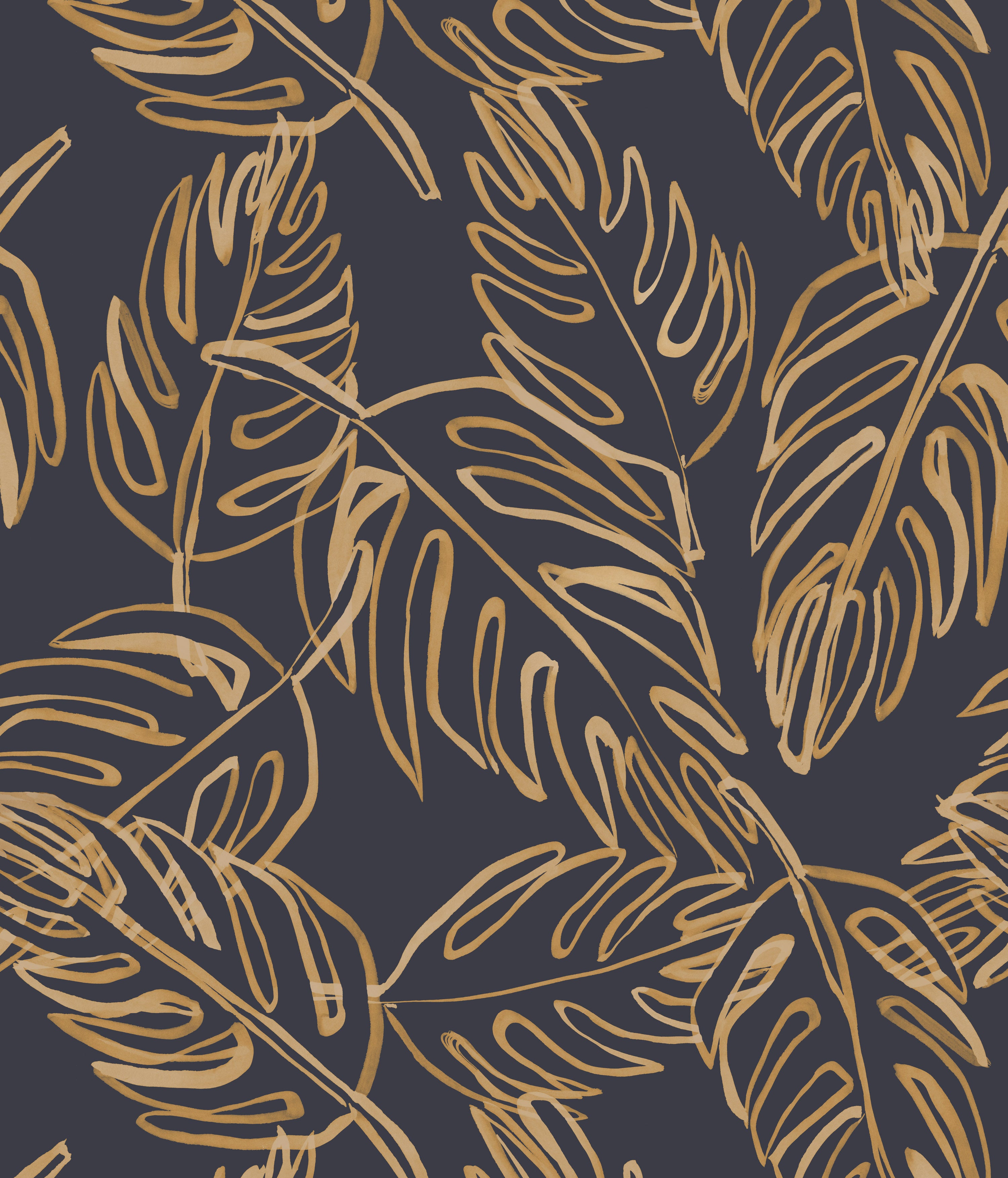 Detail of wallpaper in a painterly leaf print in gold on a navy field.