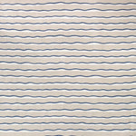 Detail of fabric in an undulating stripe pattern in navy and white on a cream field.