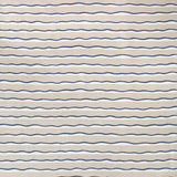 Detail of fabric in an undulating stripe pattern in navy and white on a cream field.