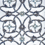 Detail of fabric in a floral lattice print in mottled blue, gray and navy on a white field.