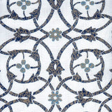 Detail of fabric in a floral lattice print in mottled blue, gray and navy on a white field.