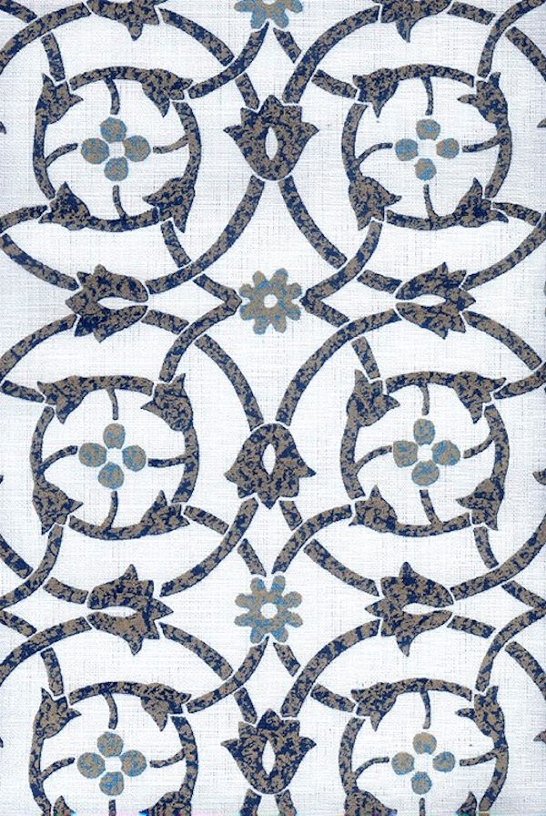 Detail of fabric in a floral lattice print in mottled blue, gray and navy on a white field.