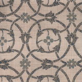 Detail of fabric in a floral lattice print in mottled blue and gray on a greige field.