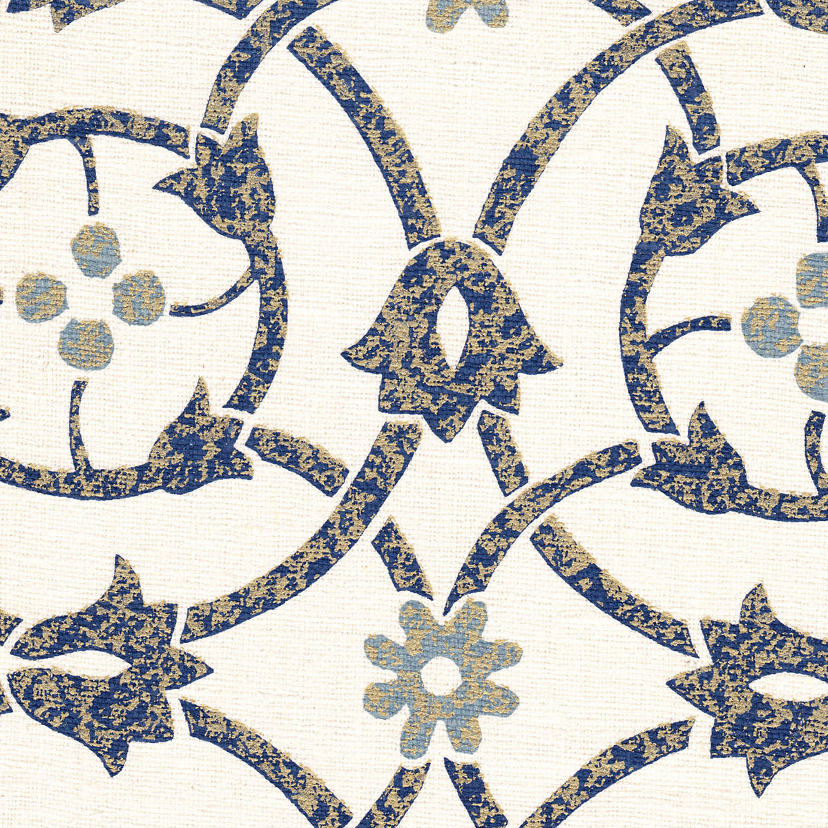 Detail of fabric in a floral lattice print in mottled tan and blue on a white field.