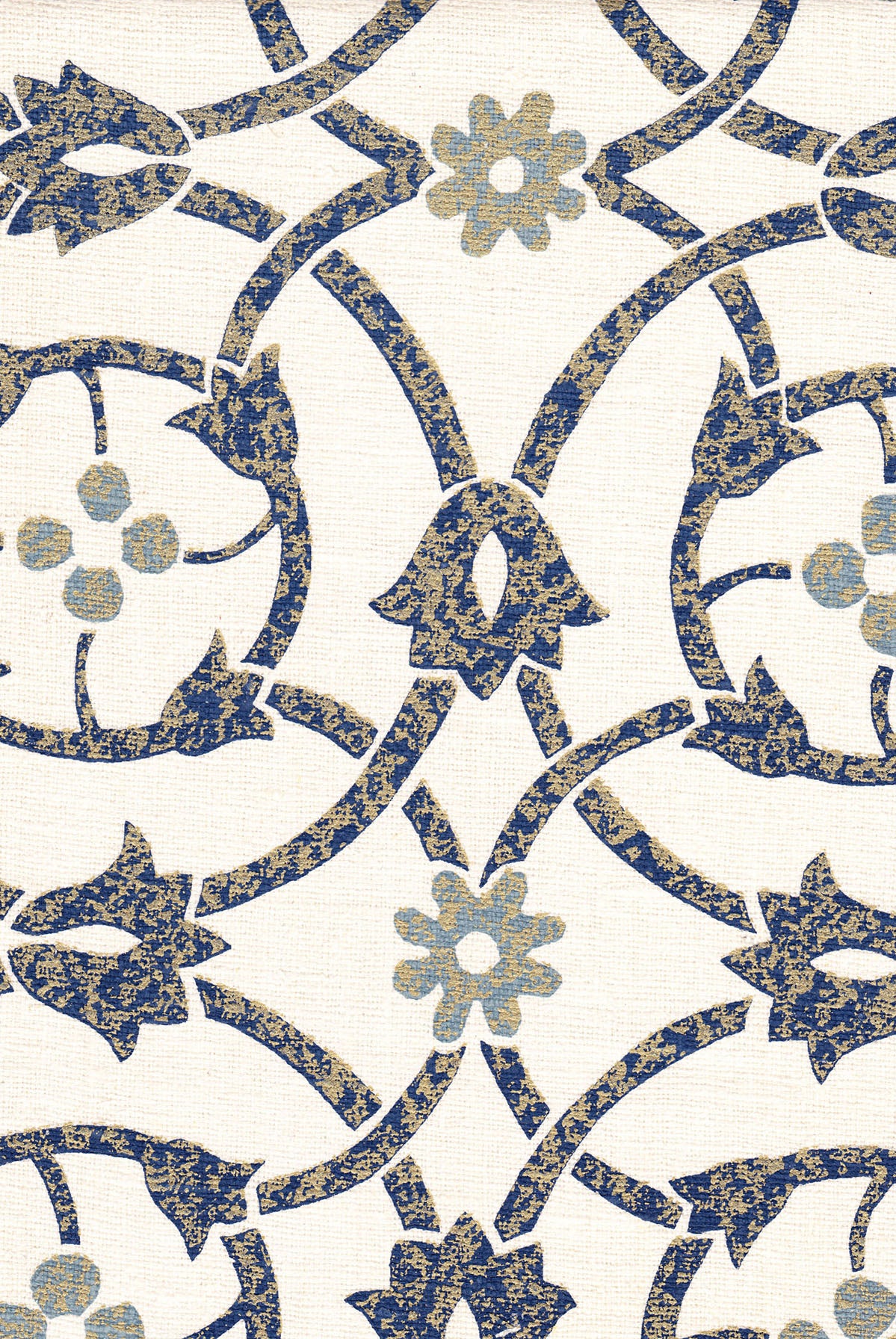 Detail of fabric in a floral lattice print in mottled tan and blue on a white field.