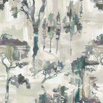 Detail of fabric in a painterly tree print in shades of purple and green on a cream field.