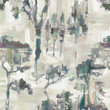 Detail of fabric in a painterly tree print in shades of purple and green on a cream field.