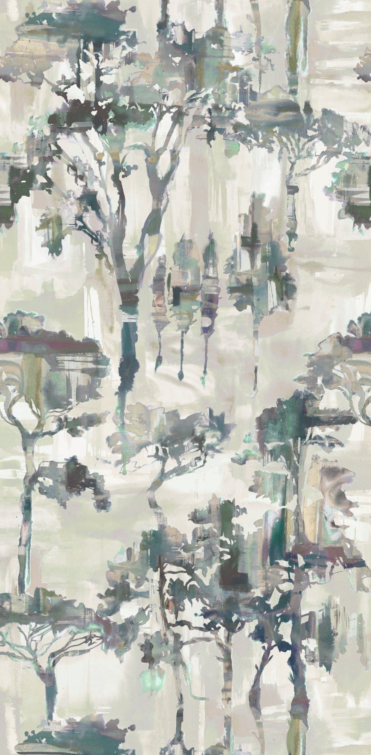 Detail of fabric in a painterly tree print in shades of purple and green on a cream field.