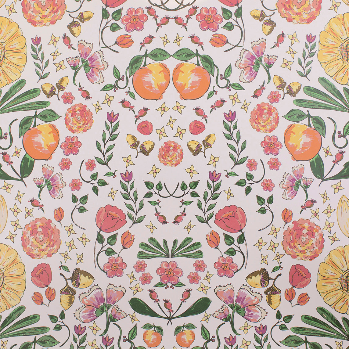 Detail of a painted botanical pattern with flowers, leaves and fruits in red, organge, yellow and green.