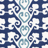 Detail of fabric in a minimalist botanical stripe in navy and blue on a white field.