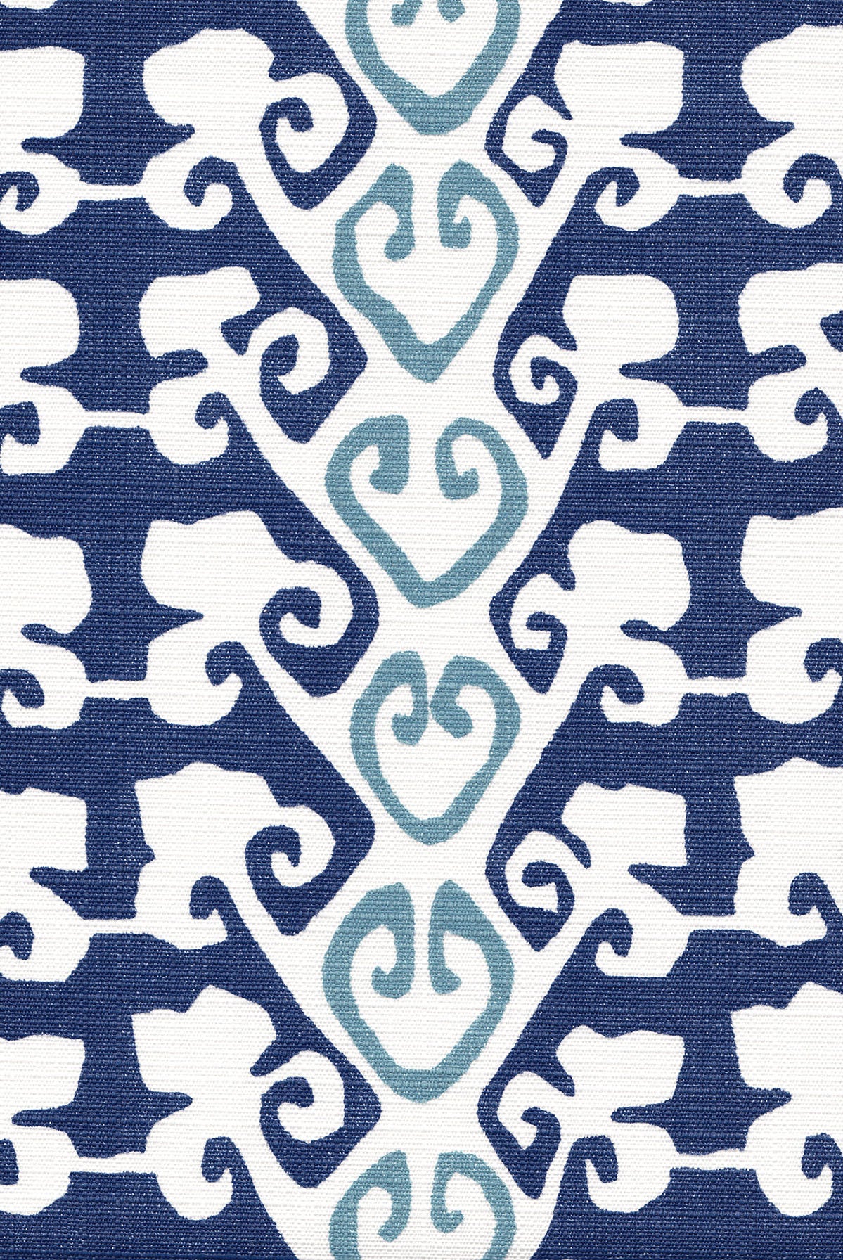 Detail of fabric in a minimalist botanical stripe in navy and blue on a white field.