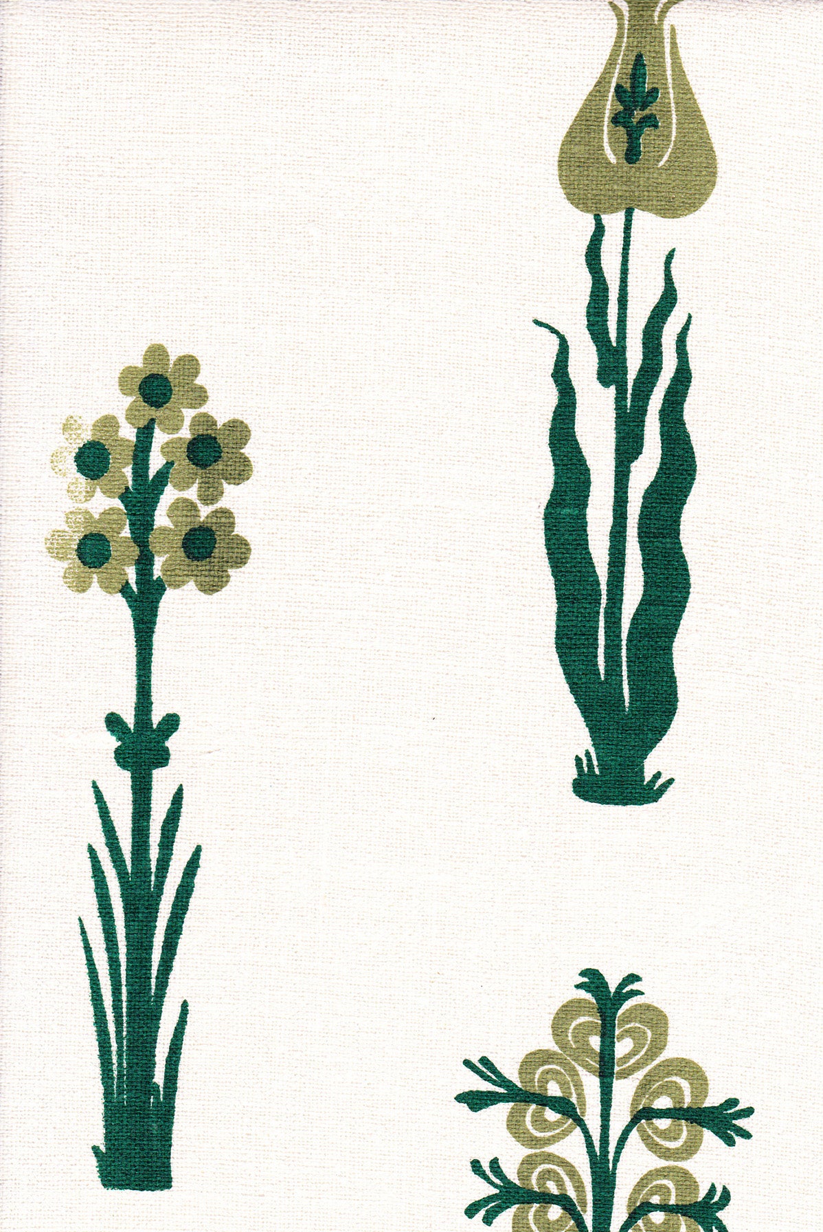 Detail of fabric in a playful floral print in shades of green and olive on a white field.