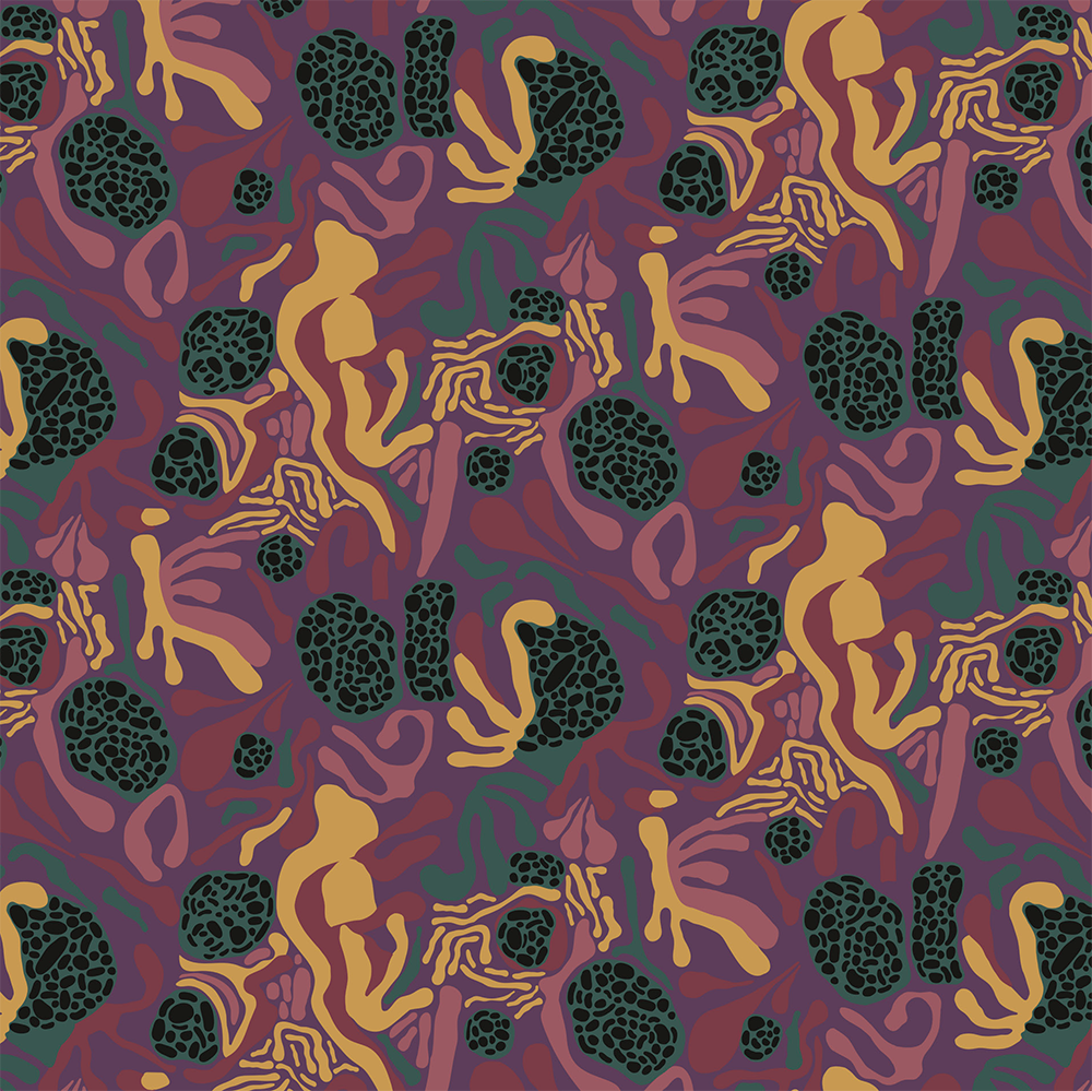 Scaled-out view of wallpaper in a playful abstract shape print in shades of yellow, purple, green and black on a purple field.