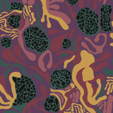 Detail of fabric in a playful abstract shape print in shades of yellow, purple, green and black on a purple field.