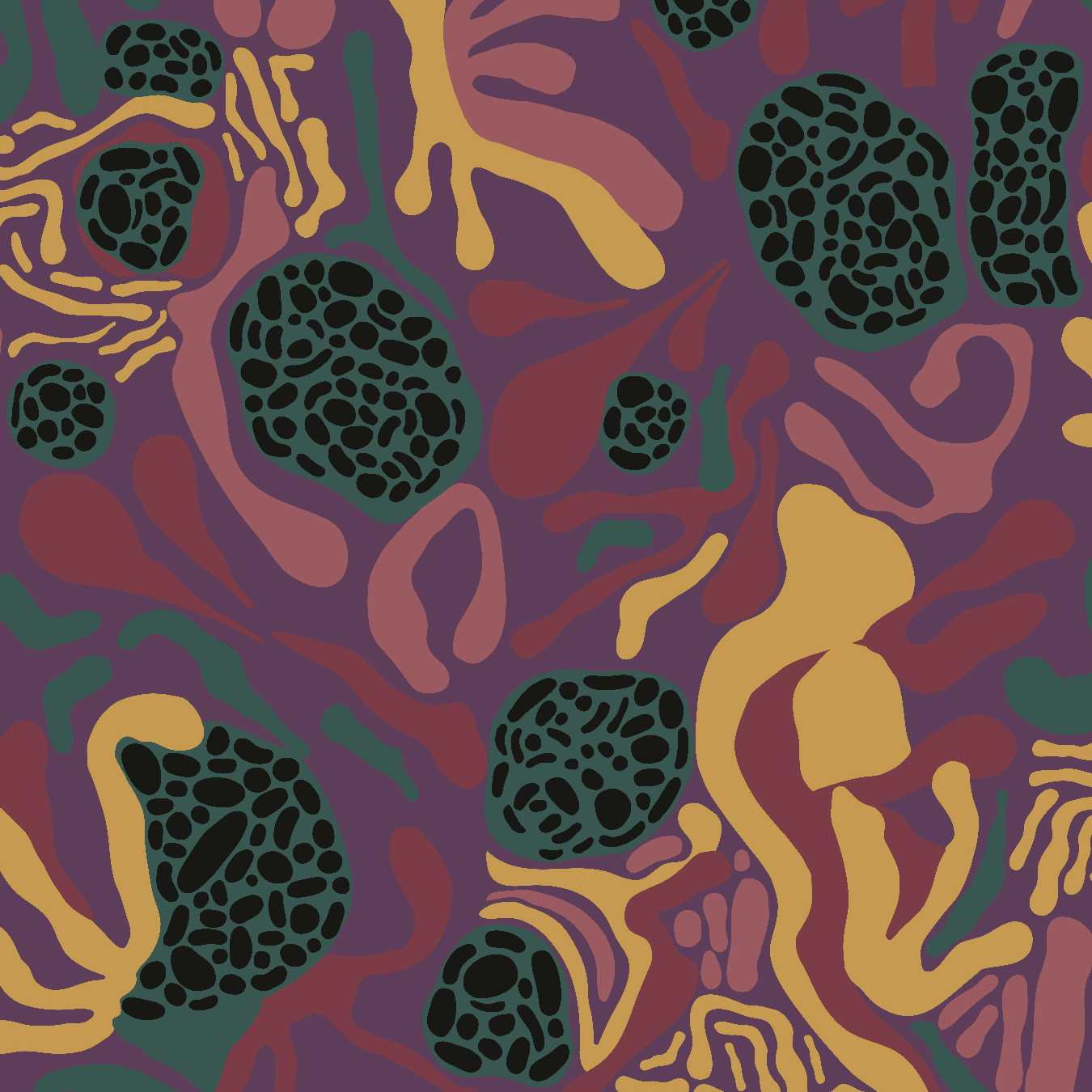 Detail of wallpaper in a playful abstract shape print in shades of yellow, purple, green and black on a purple field.