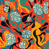 Detail of fabric in a playful abstract shape print in primary colors on a red field.