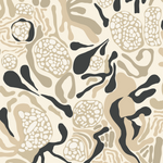 Detail of fabric in a playful abstract shape print in shades of cream, tan and black.