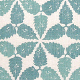 Fabric in a gridded floral print in blue-green on a white field.