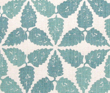 Fabric in a gridded floral print in blue-green on a white field.