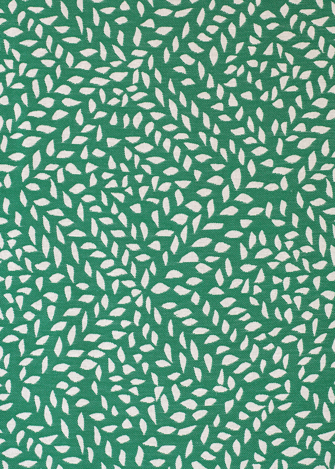 Detail of fabric in a botanical trellis print in white on a green field.