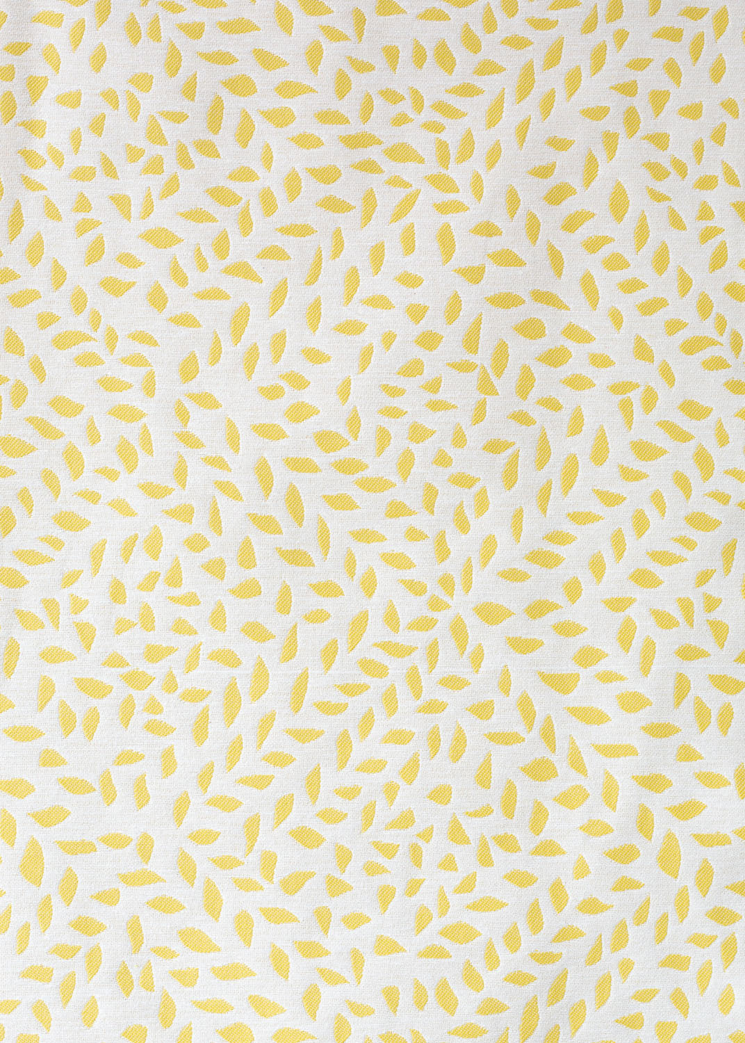Detail of fabric in a botanical trellis print in yellow on a white field.