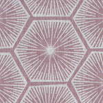 Fabric in a geometric lattice print in white on a light purple field.